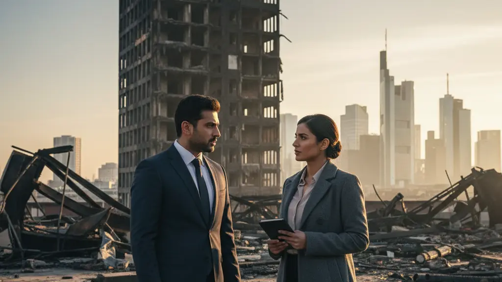 Two detectives, Hamza Kulina and Maryam Azadi, stand amidst the ruins of a fire-damaged high-rise in Frankfurt, discussing a complex case, symbolizing hope and resilience in their quest for justice.