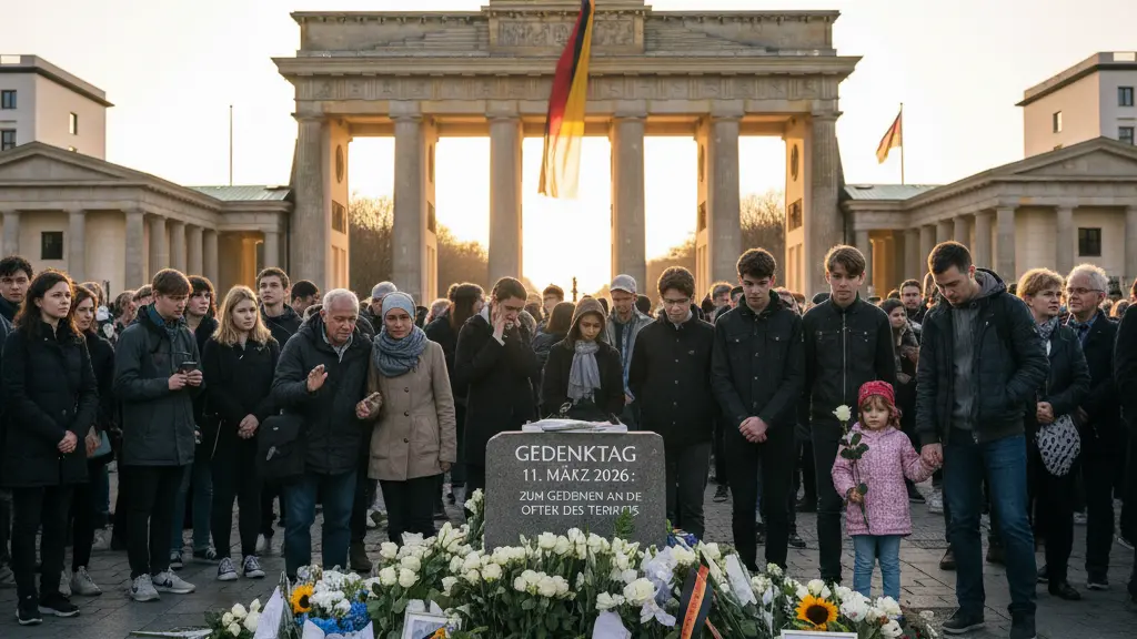 A serene memorial scene on the National Day of Remembrance for Victims of Terrorism, featuring diverse individuals united in reflection, surrounded by the Brandenburg Gate and adorned with flowers and candles.