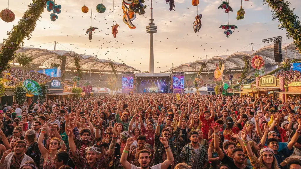 A vibrant scene from the Superbloom Festival 2026 at Olympiapark in Munich, showcasing a diverse crowd of festival-goers celebrating under a bright sky with iconic festival elements and recognizable background landmarks.