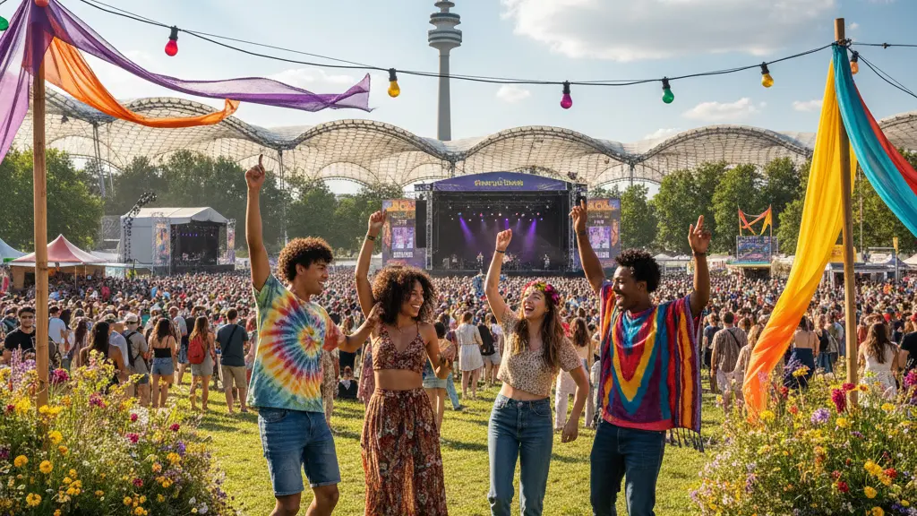 A vibrant scene of diverse festival-goers dancing joyfully at the Superbloom 2026 music festival in Munich's Olympiapark, with the iconic Olympic Tower and colorful decorations in the background.