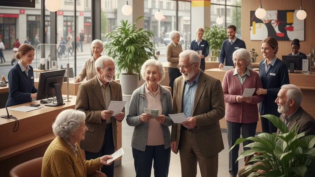 A diverse group of elderly citizens joyfully receiving their pension payments in a bright, modern bank setting in Germany, symbolizing financial security and community support on Pension Payment Day, March 6, 2026.