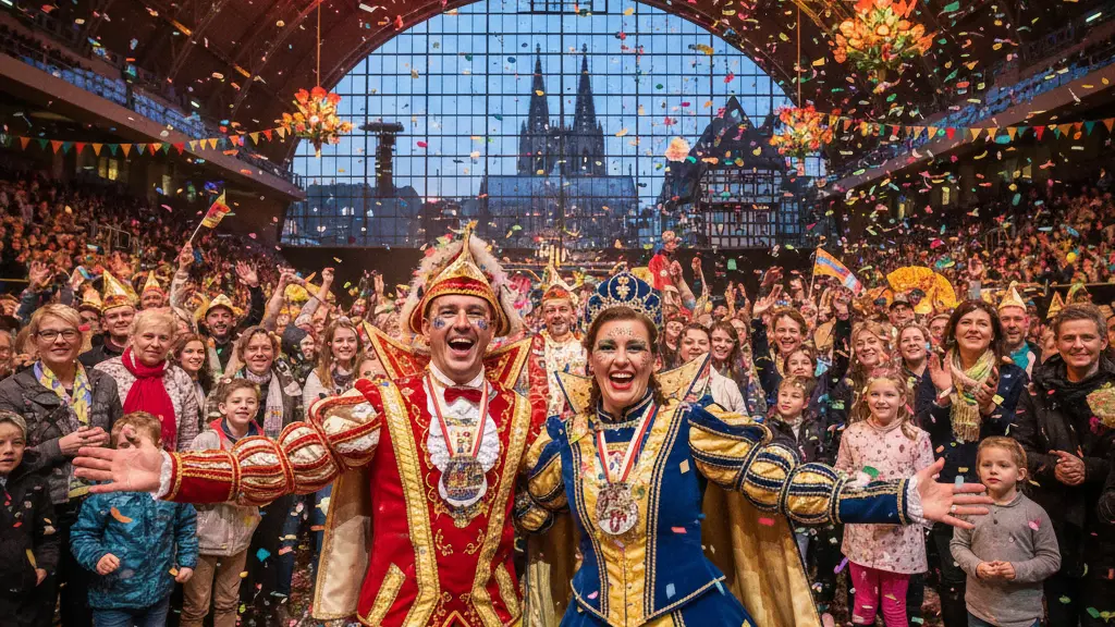 A joyful crowd enjoying the carnival atmosphere at the LANXESS Arena in Cologne, featuring a couple in colorful traditional carnival attire surrounded by confetti, with the arena's architecture in the background.