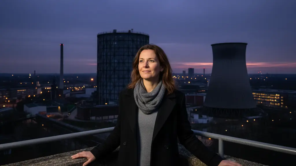 A photorealistic image of a woman standing at dusk overlooking a German city in Nordrhein-Westfalen during Earth Hour. The iconic Gasometer Oberhausen and other industrial heritage structures are visible in the dimming cityscape. The woman, centrally placed, appears contemplative and hopeful as city lights fade, symbolizing collective action for climate protection. No text is present.