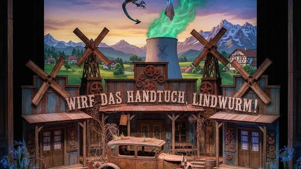 A colorful and intricate stage set designed for the 2026 Nockherberg Singspiel, featuring elements like a rustic car, windmills, and a nuclear power plant, set against a scenic Bavarian landscape.