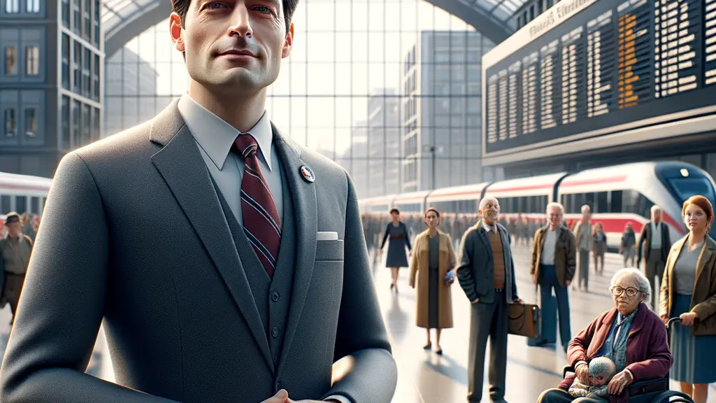 A politician resembling Markus Söder stands confidently in front of a bustling modern train station, gesturing towards diverse crowds awaiting trains, emphasizing promises for accessible public transport.