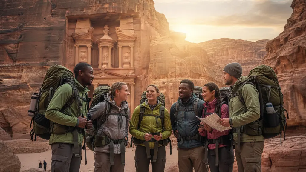 A diverse group of travelers united at the site of Petra in Jordan, with a warm desert landscape in the background, conveying hope and safety during travel in crisis times.