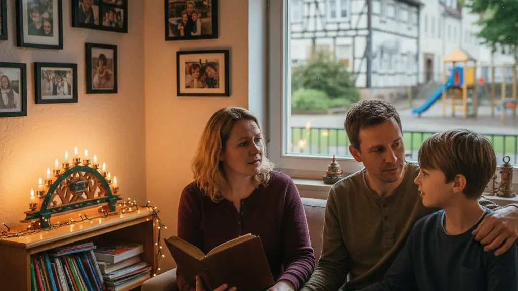 A warm and inviting living room scene featuring a family of four engaged in a heartfelt conversation, symbolizing unity and resilience amidst societal challenges. The background reflects elements of German architecture and a serene neighborhood, creating a hopeful atmosphere.