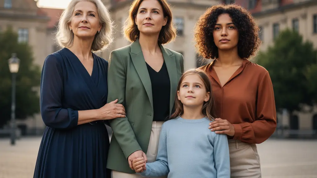 An ultra-realistic, high-resolution photograph capturing four diverse women and girls—ranging from a young girl (approx. 8-10) to a woman in her sixties—standing united in a warmly lit European city square. The central group, in modern attire, gazes forward with resolute, hopeful expressions, symbolizing intergenerational strength and the pursuit of rights and justice. The background features softly blurred classical European architecture and cobblestones under golden hour light. No text, logos, or overlays are present.