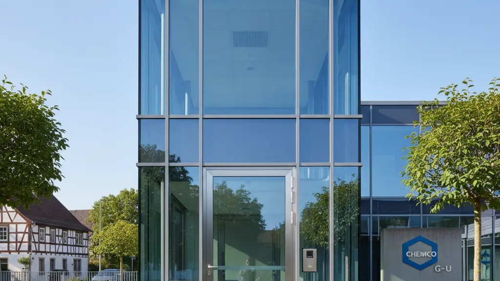 A photorealistic image of a modern chemical company building in Groß-Umstadt, Germany, featuring a prominently closed window and door, surrounded by greenery and architectural elements that represent the region, set against a clear blue sky to convey safety and tranquility.