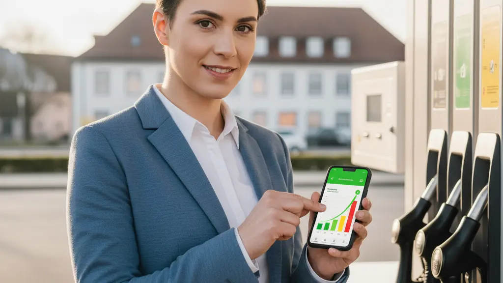 A photorealistic image depicts a confident German individual, 30-45 years old, making an informed fuel choice. They stand at a sleek, modern, text-free gas pump, viewing a non-textual graphic comparison of prices on a smartphone, displaying a subtle, satisfied expression. The background features a clean, orderly German gas station environment with characteristic architecture under a bright sky, emphasizing savvy consumerism.
