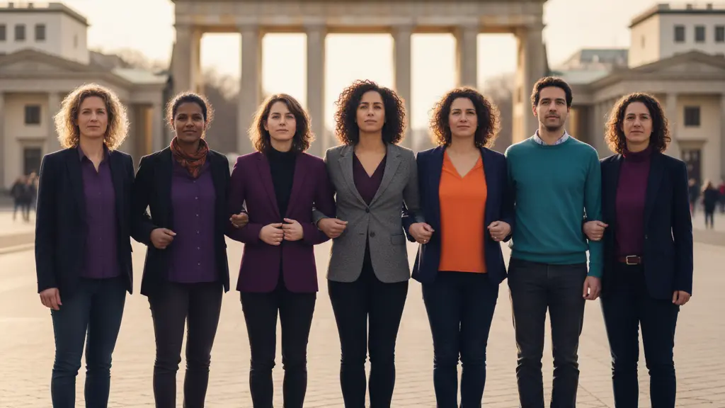 An ultra-realistic, cinematic photograph captures a diverse, multi-generational group of women and allies, standing shoulder-to-shoulder, looking forward with expressions of unwavering hope and strength. They are centrally positioned on a wide public square, with the iconic Brandenburg Gate visible in the softly blurred background, clearly indicating Berlin, Germany. The scene is illuminated by warm, late afternoon golden hour light, creating a professional, emotionally resonant atmosphere of unity and progress for gender equality.