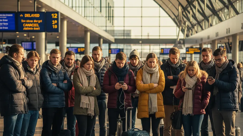 Diverse group of frustrated yet hopeful passengers at Berlin Brandenburg Airport during a strike, expressing solidarity and resilience amidst disruption.