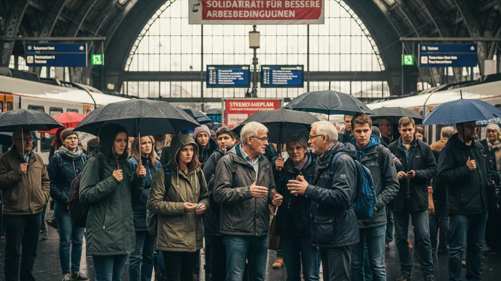 A crowded urban train station in Nordrhein-Westfalen during a public transport strike, featuring diverse commuters expressing emotions amidst a rainy atmosphere, embodying a sense of solidarity and resilience.