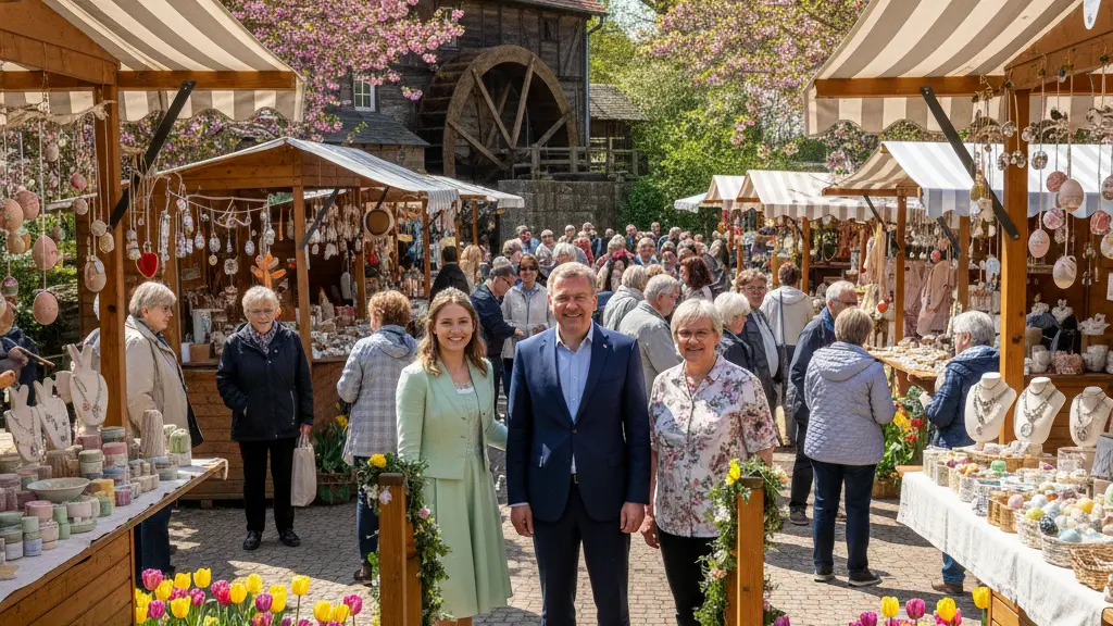 A vibrant scene of the Spring and Easter Market in Beelitz, showcasing visitors enjoying handcrafted goods and warm greetings from local leaders amidst blossoming trees and festive stalls.