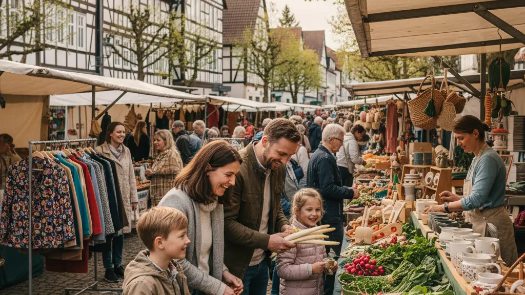 A lively flea market scene in Beelitz, Germany, showcasing families enjoying fresh asparagus and browsing through colorful stalls filled with vintage clothing and local crafts, set against a backdrop of traditional German architecture and greenery, reflecting the vibrant community spirit of March 2026.