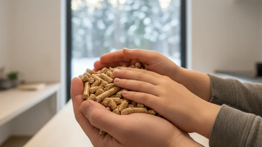An ultra-realistic image featuring an adult's hands and a child's hand gently cupping pristine wood pellets in the center. The background shows a modern German home interior, with a snowy Central European forest visible through a window, bathed in warm, natural light, conveying sustainable warmth and comfort.