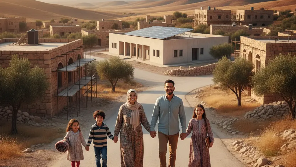 A photorealistic, emotionally resonant image depicting a multi-generational Syrian family smiling hopefully, walking hand-in-hand through a newly rebuilt, traditional Syrian village at golden hour. Modern, high-efficiency solar panels are visibly integrated onto the roof of a community building in the mid-ground, symbolizing sustainable reconstruction efforts and international partnership. The scene conveys peace, resilience, and a bright future, with no text or overlays.