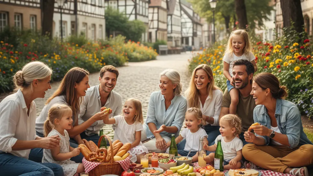 A joyful family picnic in a sunlit German park featuring adults and children enjoying colorful food on a checkered blanket, with iconic half-timbered houses and natural greenery in the background.