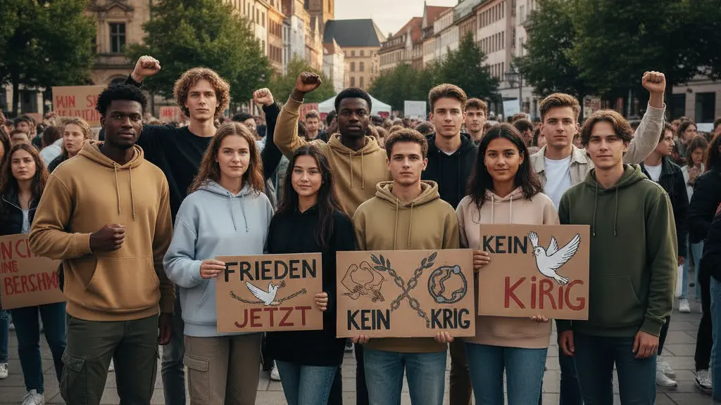 Diverse group of students protesting in a German city square against new military service reform, holding colorful signs and displaying expressions of determination and solidarity.