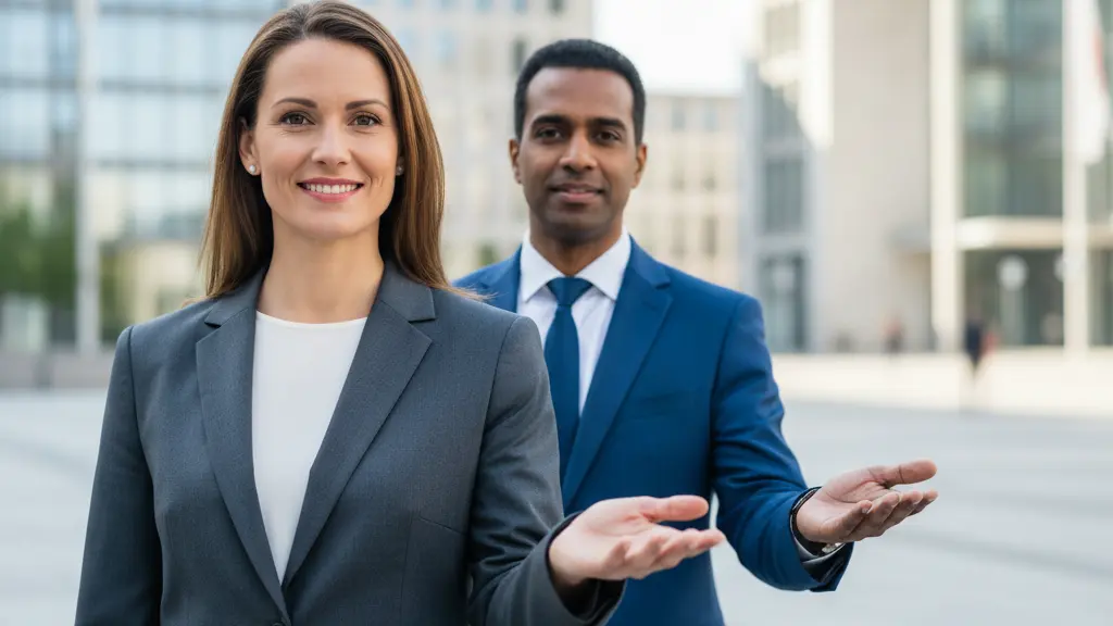A photorealistic, bright image depicting a confident, professionally dressed German woman, late 30s, with a warm smile, subtly extending her hand forward as if leading. She is flanked by a supportive, equally professional German man, early 40s. They stand in a modern, clean German city plaza with contemporary architecture, symbolizing partnership and collective progress towards economic empowerment and gender equality in Germany and the EU. The scene is brightly lit, conveying optimism.
