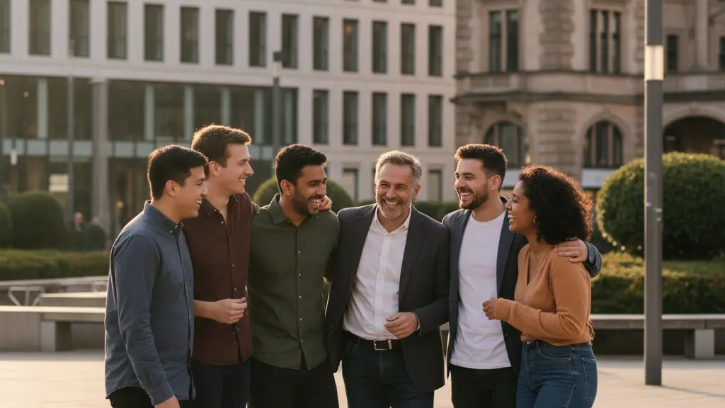 An ultra-realistic image of a diverse group of 6-8 adults and young adults from various ethnic backgrounds, laughing and interacting warmly in a sunlit, clean public square in a German city. They are centrally positioned, embodying unity and mutual respect. The background features a harmonious blend of modern and historic German architecture, lush urban green spaces, and contemporary street furniture. The scene conveys a message of harmonious coexistence and trust in Germany.