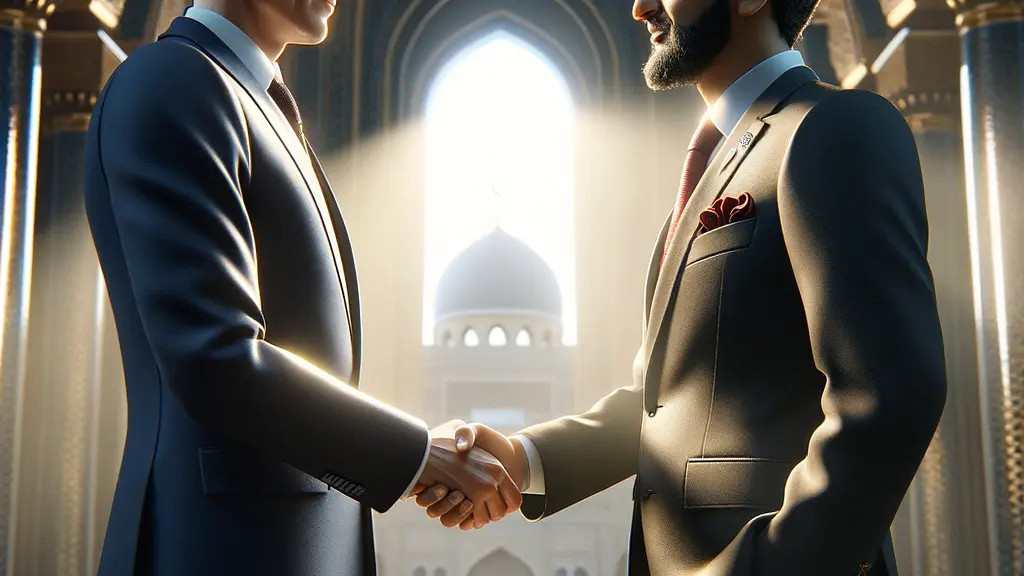 A pivotal diplomatic moment featuring German Chancellor Friedrich Merz and Syrian interim president Ahmed al-Sharaa shaking hands, symbolizing cooperation for the return of Syrian refugees, against a backdrop of significant Islamic architecture representing Syria.
