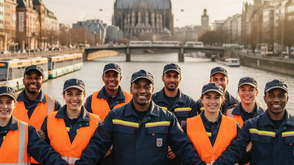 A diverse group of public transport workers in Germany united in solidarity during a strike, set against a vibrant urban backdrop featuring iconic German architecture and public transport vehicles.