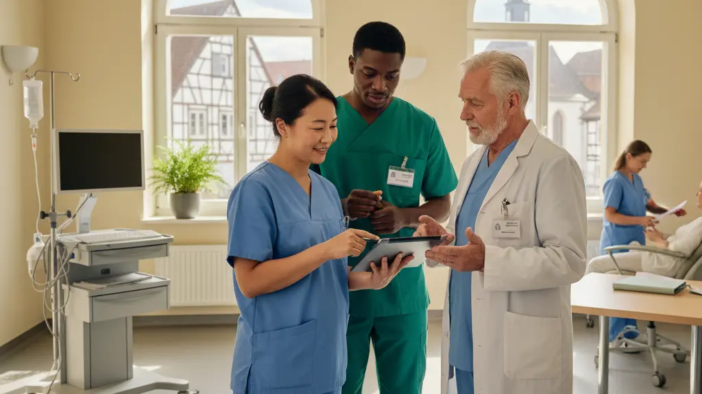 A diverse group of healthcare workers engaged in a positive discussion over a medical chart in a modern German hospital, showcasing teamwork and compassion within a bright and inviting environment.