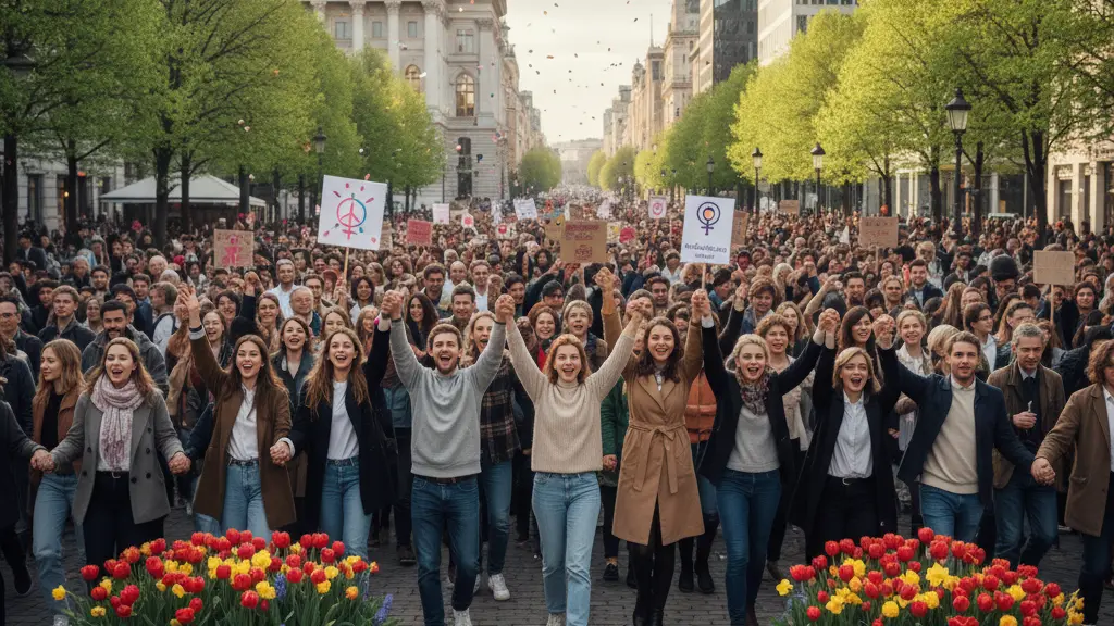 A diverse group of individuals forming a human chain in a cityscape to symbolize unity during a peaceful protest on March 8, 2026. The scene captures a mix of happiness and determination, surrounded by urban architecture and nature, under soft daylight.