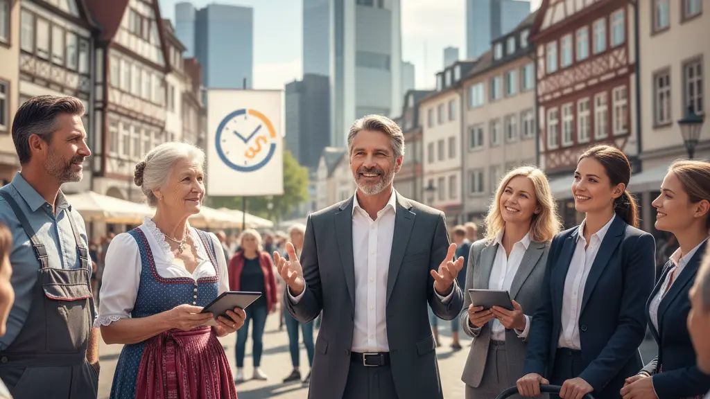 A diverse group of people in a vibrant German city square, led by a middle-aged man discussing pension reforms, surrounded by individuals of various ages and backgrounds, amongst a backdrop of recognizable German architecture, conveying unity and hope.