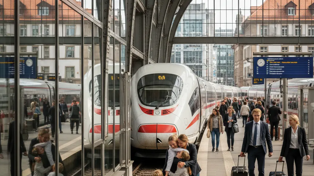 A vibrant German train station scene featuring a sleek ICE high-speed train at its center, surrounded by diverse travelers expressing joy and anticipation, with distinctive German architectural elements in the background.