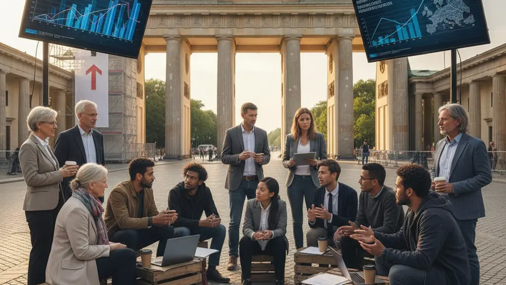A diverse group of people engaged in a discussion in a central Berlin square, with the Brandenburg Gate in the background, symbolizing community dialogue on rising energy prices and geopolitical conflicts in 2026.
