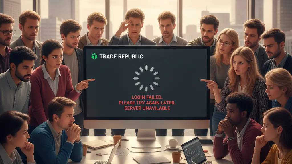 A diverse group of individuals gathered around a computer in an office setting, showing concern over login issues with Trade Republic, with recognizable German architecture in the background, conveying a sense of shared experience and community.