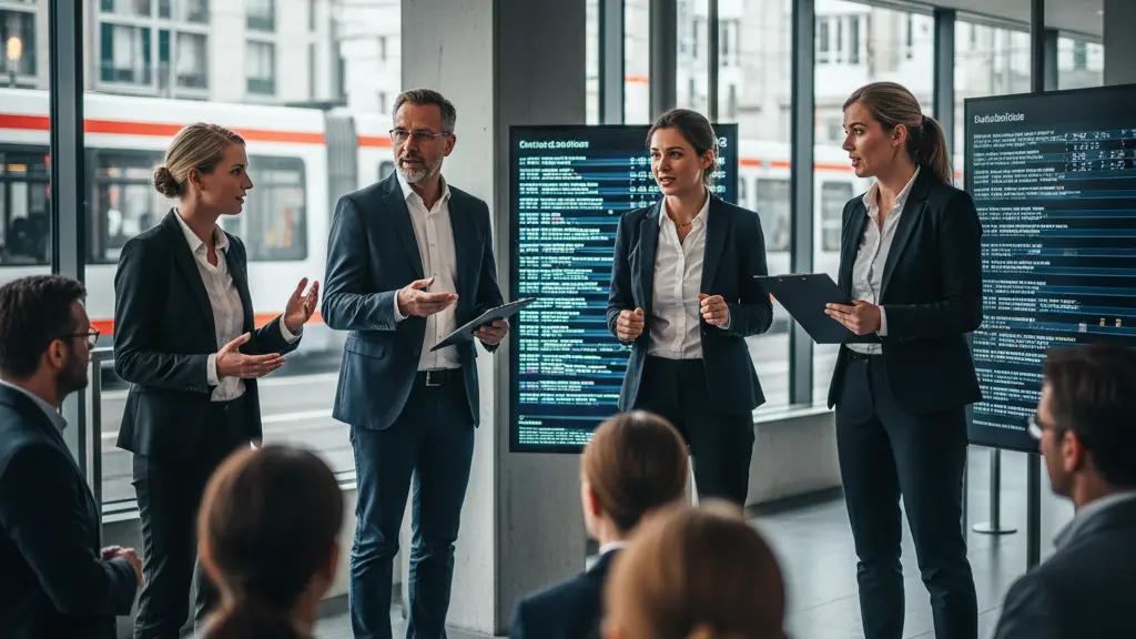 A diverse group of determined employees passionately engaging with customers inside a busy customer service center in Nordrhein-Westfalen, Germany, during a public transport strike, capturing the essence of community and advocacy.