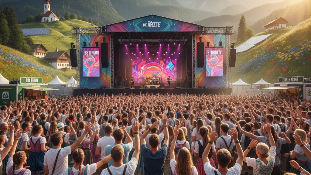A lively crowd enjoying the Superbloom Festival 2026 in Germany, with a colorful stage in the background, surrounded by lush green landscapes and blooming flowers, illustrating a vibrant outdoor music festival atmosphere.