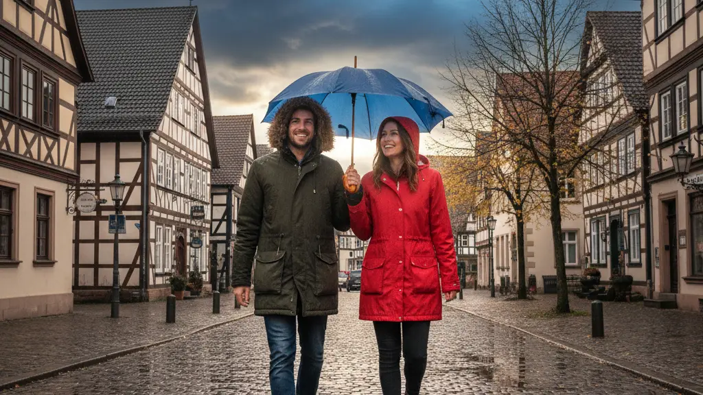 A young couple sharing an umbrella in Nordrhein-Westfalen, Germany, as storm clouds gather overhead. The couple is smiling, dressed in winter attire, with cobblestone streets and historic German architecture in the background. Puddles reflect the cloudy sky, symbolizing both the impending storm and an uplifting message of resilience.