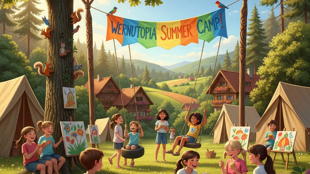 A vibrant summer camp scene featuring a diverse group of happy children engaged in activities like arts and crafts in a sunny forest at Wernutopia 2026, with playful elements and German landscape hints.