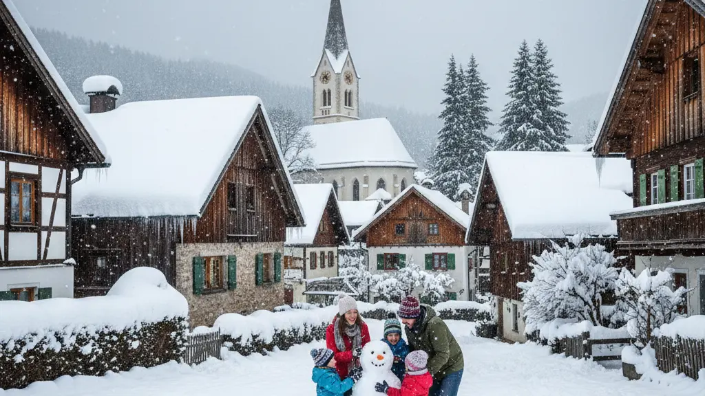 A snowy Bavarian village during a polar front, featuring traditional half-timbered houses and a family building a snowman in the foreground, all under a soft grey sky.