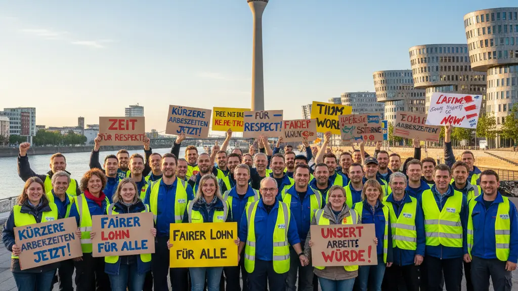 A diverse group of public transport workers striking peacefully in front of the Rhine Tower in Düsseldorf, Germany, holding placards calling for better working conditions and fair wages, against a clear blue sky.