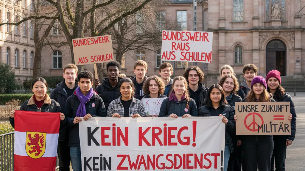 A diverse group of high school students protesting against mandatory military service in Hessen, Germany, on March 5, 2026, in front of a historic school building. They hold colorful signs, expressing their opposition, with a hopeful and determined atmosphere.