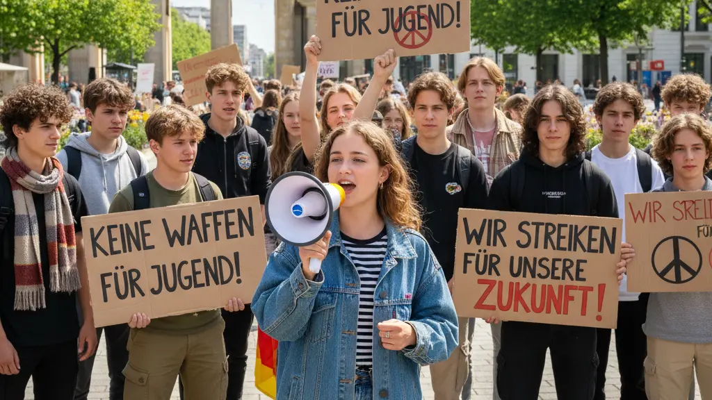 A dynamic gathering of school students protesting against conscription in Germany, with diverse teenagers holding signs and passionately engaging in a rally. The scene captures the spirit of youth activism in front of recognizable German architecture, with bright lighting and a hopeful atmosphere.