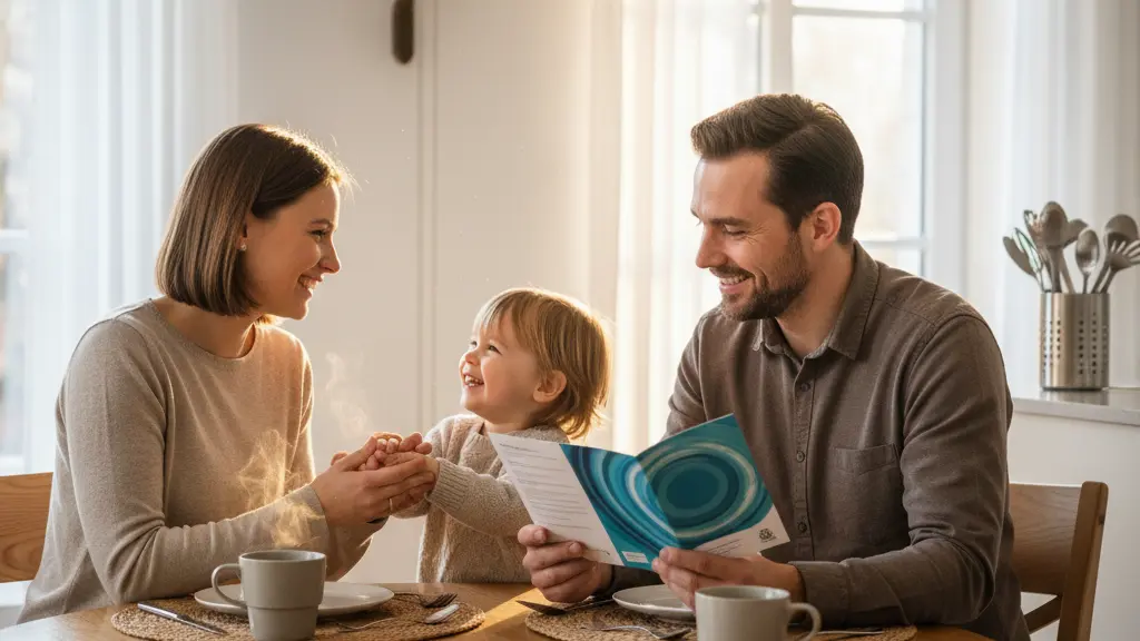 An ultra-realistic image of a family of three in a modern kitchen, discussing health insurance changes with a spirit of hope. The scene shows the father holding a pamphlet, the mother engaging with their child, surrounded by warm lighting and subtle German cultural elements.