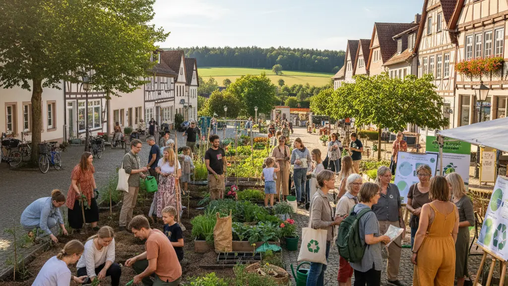 A vibrant community gathering in Sachsen-Anhalt, Germany, celebrating Earth Day with diverse individuals planting trees and engaging in environmental initiatives, set against local architecture and lush greenery.