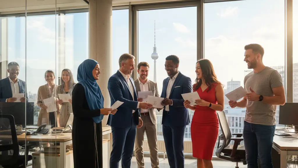 A diverse group of employees in a modern office joyfully receiving €1000 financial aid from their employer, set against recognizable German architecture in the background, conveying a message of community support and economic relief.