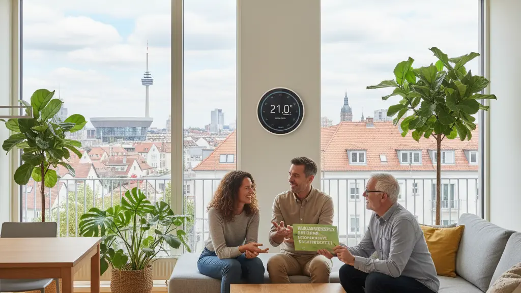 A joyful diverse group of tenants in a modern, sunlit apartment discussing energy-saving measures, surrounded by eco-friendly features and a view of recognizable German architecture.