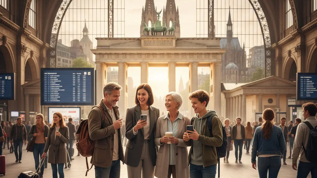 A joyful group of diverse individuals at a bustling German train station, showcasing the spirit of connectivity and the ease of travel with the 'One Ticket, All of Germany' theme. The scene features iconic German architecture in the background, conveying a sense of community and mobility.