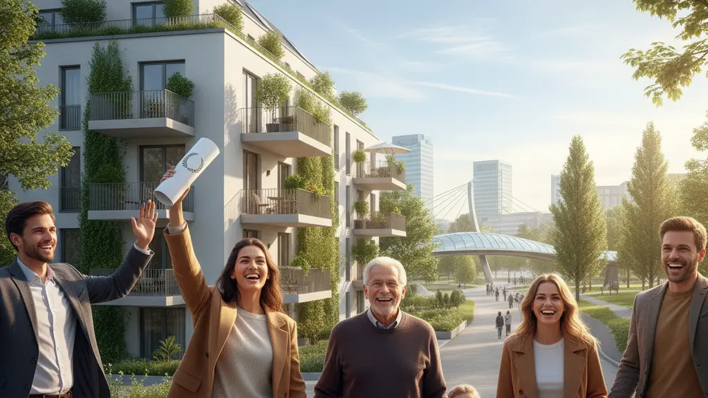 A diverse group of happy tenants celebrating outside a modern apartment building in a vibrant German city, symbolizing the positive impact of the new Building Modernization Law, featuring eco-friendly urban elements in the background.