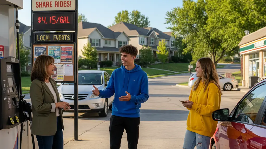 A diverse group of three individuals at a gas station, engaging joyfully while filling their vehicles, with suburban homes and trees in the background, capturing a sense of community during rising fuel prices.
