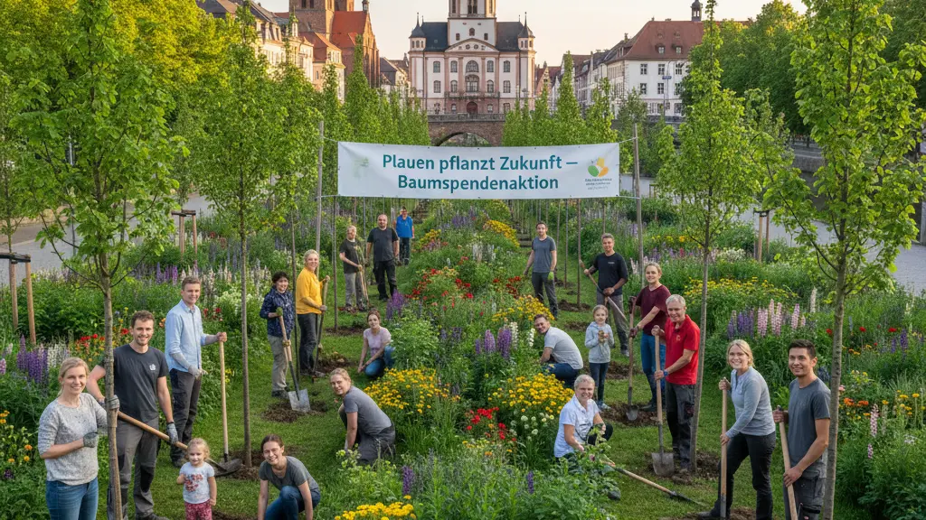 A diverse group of people joyfully planting trees in a vibrant urban park in Plauen, Germany, with recognizable city landmarks in the background, showcasing a lively scene of community engagement and environmental care.
