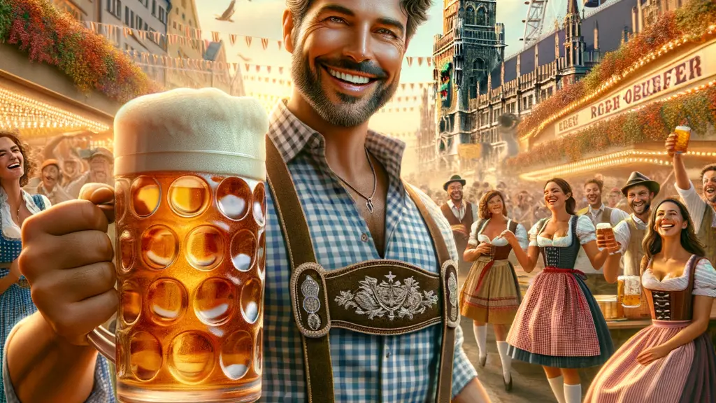 Elyas M'Barek celebrating Oktoberfest in Munich, raising a beer stein, surrounded by friends in traditional attire amidst the festival's vibrant atmosphere.